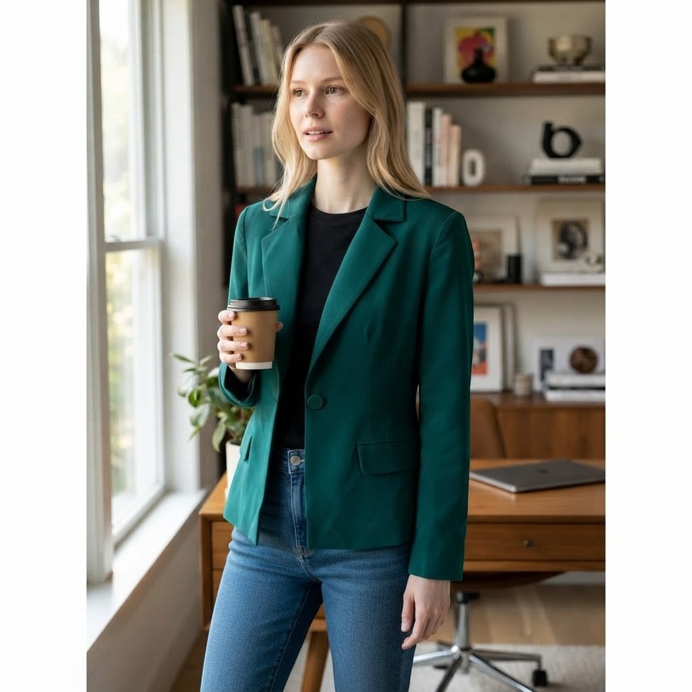 Lamarque Emerald Green Faux Leather Tailored Blazer Jacket Size XS Single Button